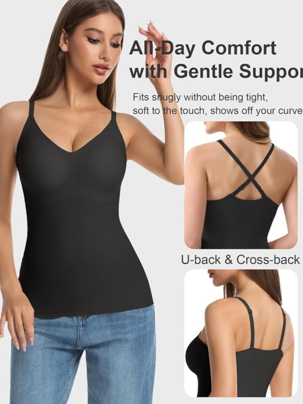 〽️ Women's Black Sleeveless V Neck Lace Seamless Bra Workout Summer Camisole Top - Picture 5 of 6